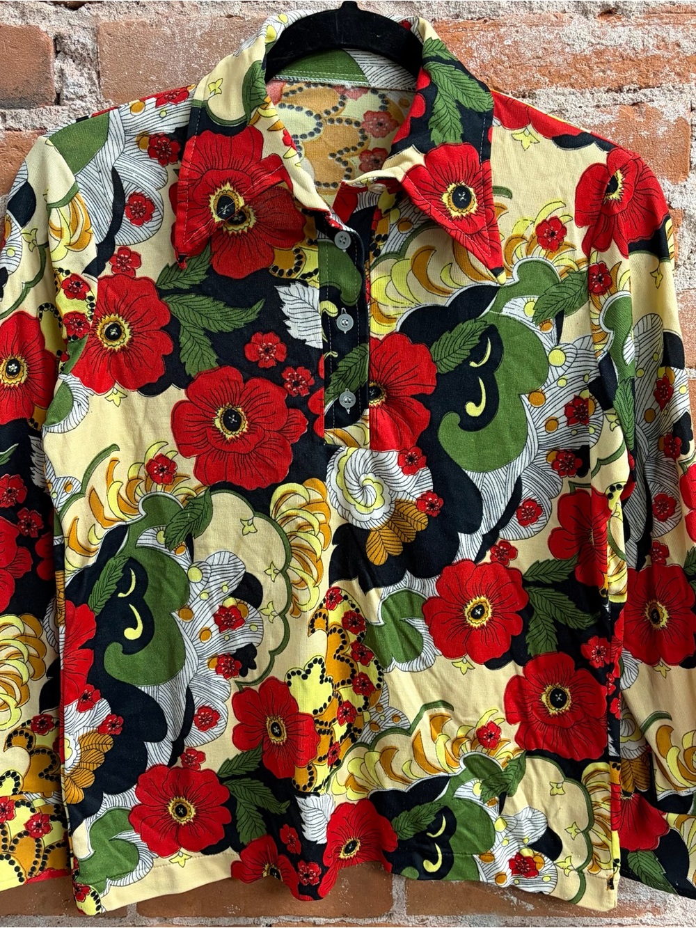 VTG 70s Floral Psychedelic Funky Hippie Long Sleeve Button-Up Shirt Women’s XS/S